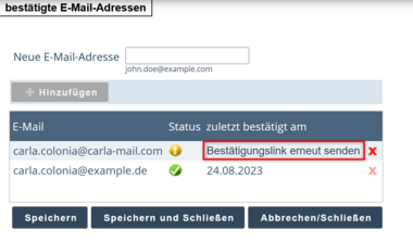 Updated view of the Confirmed Email Addresses window. In the table, the note Resend Confirmation Link is highlighted in the row with the email address that has not yet been confirmed.