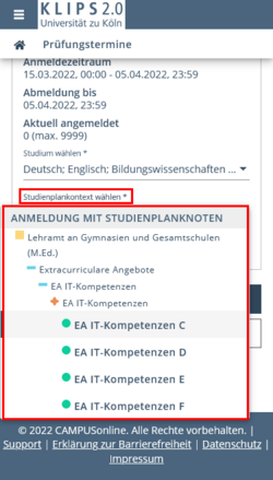 Another view of the registration page for the selected exam. The Select Curriculum Context drop-down menu is opened and highlighted. At the very bottom, the Back and Register buttons are highlighted again.