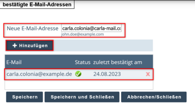 View of the Confirmed Email Addresses window. The New Email Address option is highlighted at the top, as is the Add button directly below it. The currently confirmed email address is highlighted in the table below.