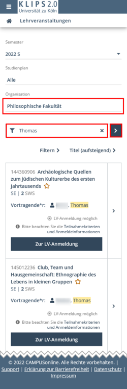 The All Courses view is displayed. The Faculty of Arts and Humanities filter is highlighted. The search term Thomas is entered in the filter field. The arrow button next to it is highlighted. The results are shown below.