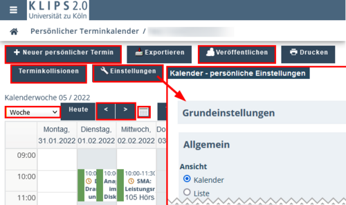 View of the personal calendar. In the first two rows, the New Personal Appointment, Publish, Scheduling Conflicts and Settings buttons are highlighted, as well as a section of the pop-up that opens when you click the Settings button. Below that, the selection menu, the arrow buttons and the calendar icon are highlighted.