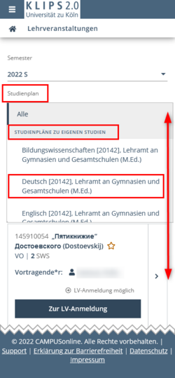 The All Courses view is displayed again. This time, the selection German is highlighted in the Curriculum filter menu for Curricula of My Degree Programme.