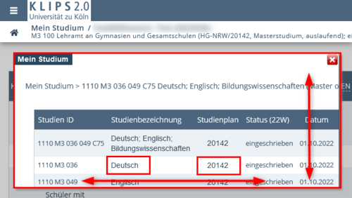 Erneute Ansicht der Seite Mein Studium. Das Pop Up mit dem (Gesamt-)Studiengang wird anzeigt. In der zweiten Zeile ist das Fach Deutsch und die Studienplannummer hervorgehoben.