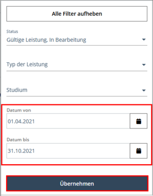 Erneute Ansicht des Filter-Menüs. The selection menu of the filter Date from/to is highlighted and a start and end date has been entered. At the bottom of the menu, the Apply button is highlighted.