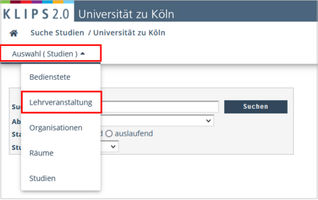 View of the opened Search application. The Select button as well as the Courses option in the opened selection menu are highlighted.