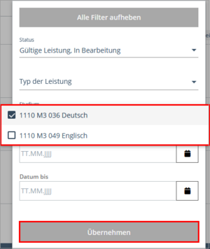 Updated view of the filter menu. The selection menu of the filter Degree Programme is highlighted and the first option German is selected. At the bottom of the menu, the Apply button is highlighted.