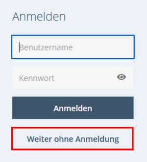 Excerpt of the log-in page with the boxes for the log-in data. The Continue without Login button described above is highlighted.