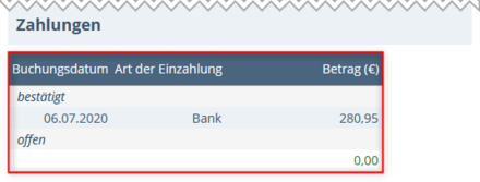 Additional view of the Payments section. A fully paid semester fee is now displayed. 