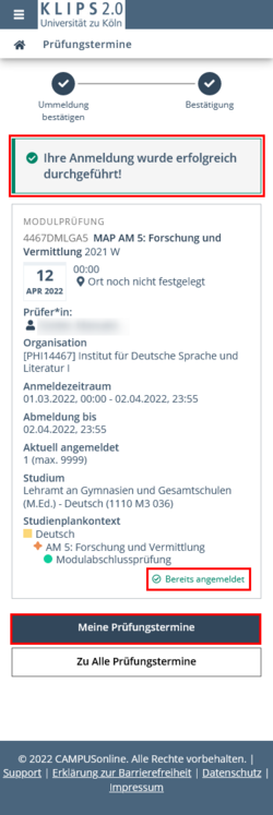 Updated view of the re-registration page. The successful re-registration notification above is highlighted, as is the updated registration status in the overview. The My Exams button is highlighted at the bottom.
