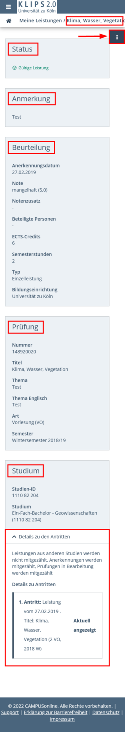 Ansicht der Detailansicht der ausgewählten Leistung. Rechts oben ist die Drei-Punkte-Menüschaltfläche hervorgehoben, die das Navigationsmenü öffnet. Im Abschnitt Studium ist das Untermenü Details zu Antritten ausgeklappt.
