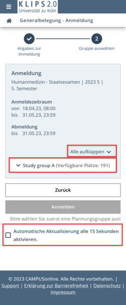 View of the registration page of the Course Planning – Registration application. The collapsed semester/course bundles menu is highlighted, as is the Expand All button above it. At the very bottom, the auto-refresh option is highlighted.