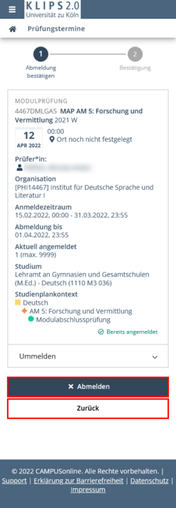 View of the deregistration page of the application Exam Dates. Below the summary of the exam details, the Back and Deregister buttons are highlighted.