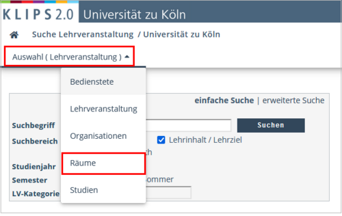 Ansicht der geöffneten Applikation Suche. Die Schaltfläche Auswahl sowie die Option Räume im geöffneten Auswahlmenü sind hervorgehoben.