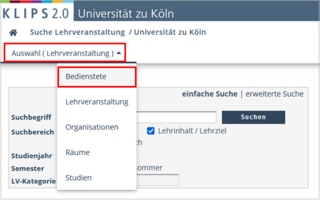 Ansicht der geöffneten Applikation Suche. Die Schaltfläche Auswahl sowie die Option Bedienstete im geöffneten Auswahlmenü sind hervorgehoben.