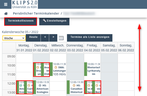 Ansicht des persönlichen Kalenders. Die Schaltfläche Terminkollisionen ist in der ersten Zeile hervorgehoben. Im Kalenderblatt sind parallel liegende Lehrveranstaltungen an unterschiedlichen Tagen hervorgehoben.