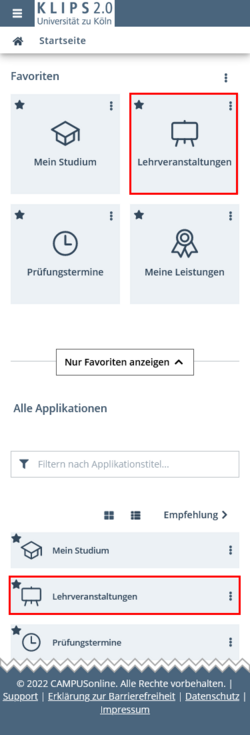 Ansicht der Startseite. Die Applikation Lehrveranstaltungen ist im Favoriten- und Applikationsmenü hervorgehoben.