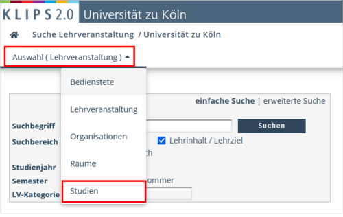 View of the opened Search application. The Select button as well as the Degree Programmes option in the opened selection menu are highlighted.