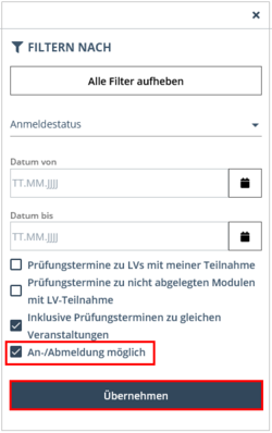 View of the filter selection menu. At the very bottom, above the Apply button, the (De)registration possible option is selected and highlighted.