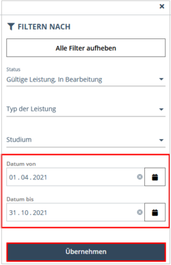 Updated view of the filter menu. The selection menu of the filter Date from/to is highlighted and a start and end date has been entered. At the bottom of the menu, the Apply button is highlighted.