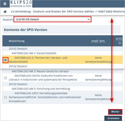 View of the pop-up Course Registration – Select Degree Programme and Node of Curriculum Version. At the top, the subject German is selected. Below this, the selected module node is highlighted, as is the Continue button at the bottom right.