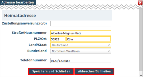 Ansicht der Bearbeitungsmaske Adresse bearbeiten. Der Abschnitt Heimatadresse wird angezeigt. Die Schaltflächen Speichern und Schließen und Abbrechen/Schließen sind im unteren Bereich hervorgehoben.