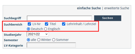 View of the Courses search function. The Simple Search view is shown. The Search Range section is highlighted. The associated choice boxes Course No. , Title, Course Content/Objectives and German are activated.