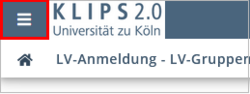 Ausschnitt der Seite LV-Anmeldung – LV-Gruppen der LV. Links oben, neben dem KLIPS 2.0 Logo, ist die Menü-Schaltfläche hervorgehoben.