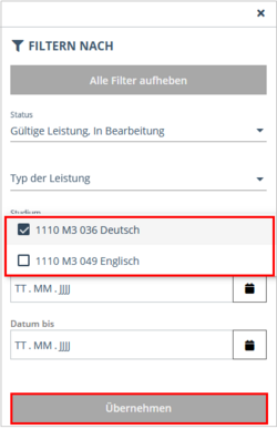 Updated view of the filter menu. The selection menu of the filter Degree Programme is highlighted and the first option German is selected. At the bottom of the menu, the Apply button is highlighted.