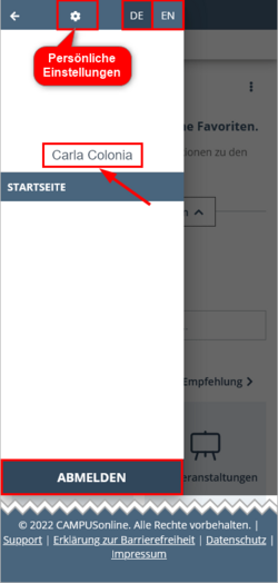Ansicht des Benutzermenüs von KLIPS 2.0. Hervorgehoben sind im oberen Bereich des Menüs die Zahnrad-Schaltfläche für die Persönlichen Einstellungen und die DE- und EN-Schaltflächen zum Umstellen der Systemsprache, weiter unten im Menü der Benutzername sowie ganz unten die Abmelden-Schaltfläche.