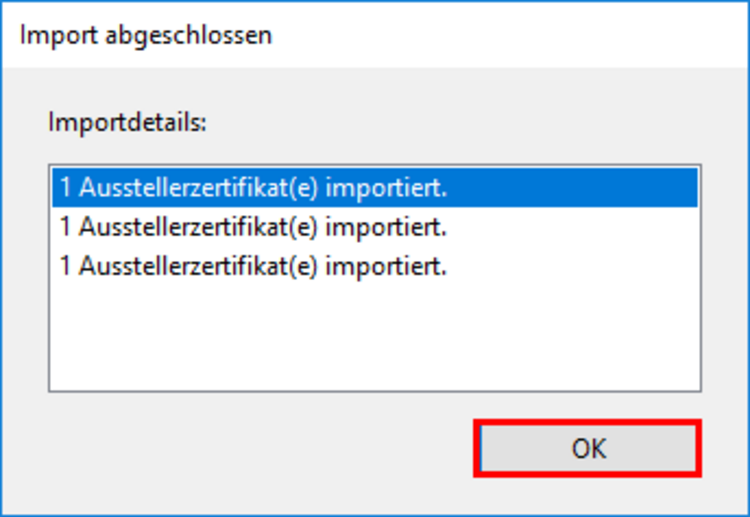 View of the described pop up Import complete. The OK button is highlighted.