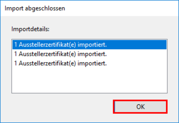 Ansicht des beschriebenen Pop Ups Import abgeschlossen. Die OK-Schaltfläche ist hervorgehoben.