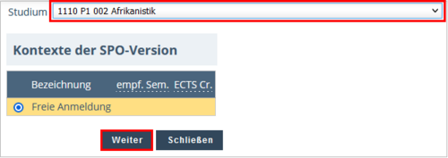 View of the page Course Registration – Select Degree Programme and Node of Curriculum Version. At the top, the subject German is selected. Below this, the option Free Registration is selected. The Continue button at the bottom left is highlighted.