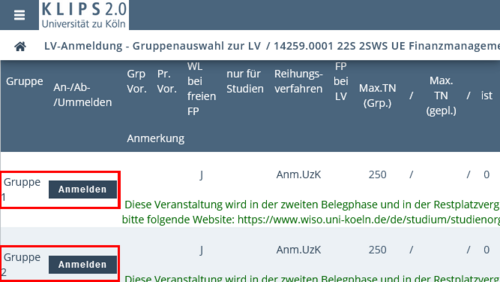 Another view of the Course Registration – Select Group page. In this case, the Register buttons are highlighted for Groups 1 and 2 that are available for registration.