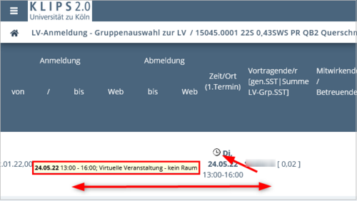 Excerpt of the view of the Course Registration – Select Group page. The clock icon and associated tooltip are highlighted on the first row..