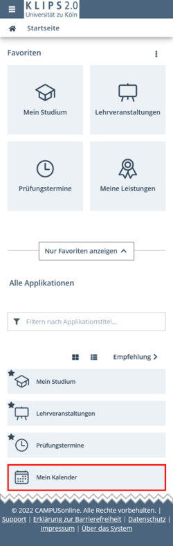 Ansicht der Startseite. Die Applikation Mein Kalender ist im Applikationsmenü hervorgehoben.