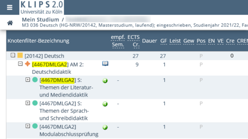 Ansicht des Studienbaums in der Applikation Mein Studium. Die zuvor markierte Kennung der Lehrveranstaltung ist hier ebenfalls an den entsprechenden Knoten hervorgehoben.