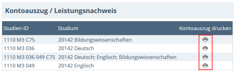 Ansicht der Seite Kontoauszug / Leistungsnachweis. Die einzelnen Studiengänge sind aufgelistet. Rechts neben den Studiengängen sind die Drucker-Icons zum Ausdrucken des Transcripts hervorgehoben.