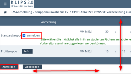 View of the Course Registration – Select Group page. In the Standardgruppe (Standard Group) row, the check mark in front of Anmelden (Register) is highlighted, as is the Register button on the left below.