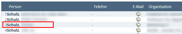 Excerpt of the list of search results for the search term Schulz. The Person, Telephone, Email, and Organisation columns are shown. A result for the keyword Schulz is highlighted.