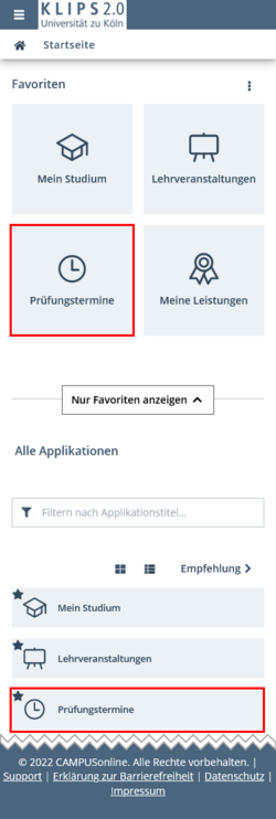 Ansicht der Startseite. Die Applikation Prüfungstermine ist im Favoriten- und Applikationsmenü hervorgehoben.