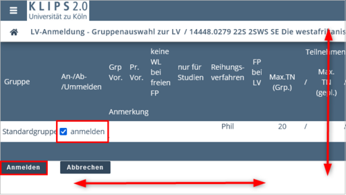 View of the Course Registration – Select Group page. On the Standardgruppe (Standard Group) row, the check mark in front of Anmelden (Register) is highlighted, as is the Register button on the left below.