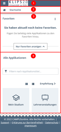 Ansicht der Startseite. Die oben beschriebenen einzelnen Bereiche sind hervorgehoben und von oben nach unten von 1-4 durchnummeriert. 