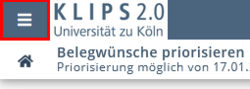 Erneuter Ausschnitt der Seite Belegwünschen priorisieren. Ganz oben links, neben dem KLIPS 2.0 Logo, ist die Menüschaltfläche hervorgehoben.