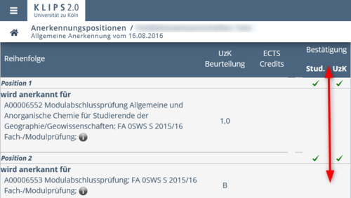 Ansicht der Seite Anerkennungspositionen der Applikation Anerkennungen. In einer Tabelle werden die Positionen der oben ausgewählten Anerkennung aufgelistet und es wird angezeigt, für welche Lehrveranstaltung die jeweilige Position anerkannt wird.