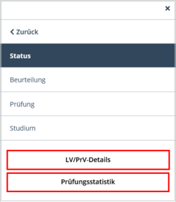 Weitere Ansicht des Navigationsmenüs der Detailansicht einer Prüfung. Ganz unten sind die Schaltflächen LV/PrV-Details und Prüfungsstatistik hervorgehoben.