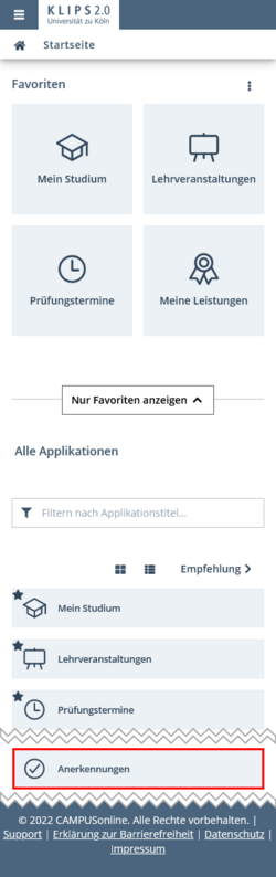 Ansicht der Startseite. Die Applikation Anerkennungen ist im Applikationsmenü hervorgehoben.