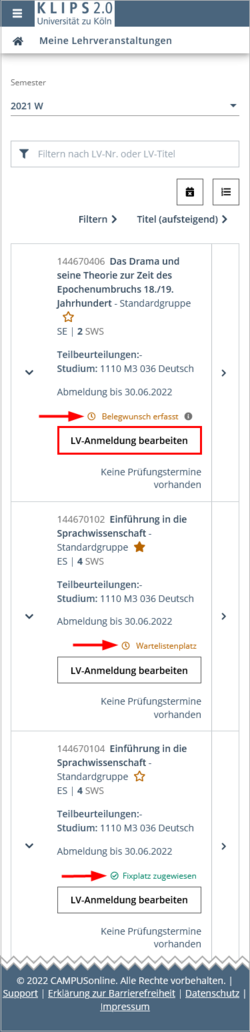 Excerpt of the My Courses view of the Courses application. In the list of courses, the application status are marked in each entry. The Edit Course Registration button is highlighted below that.