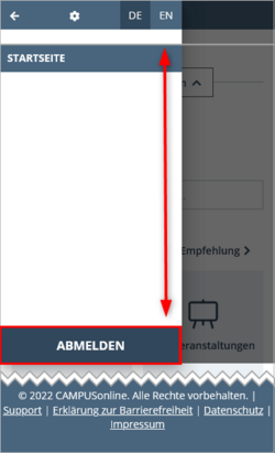 Ansicht des sich öffnenden Menüs. Die Abmelden-Schaltfläche ist hervorgehoben.