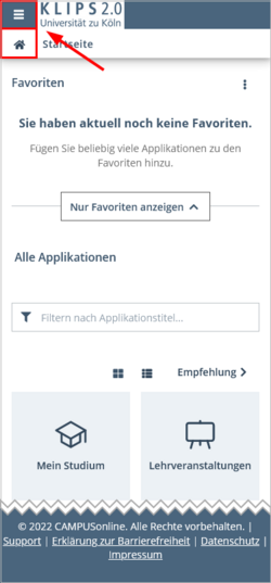 Ansicht der Startseite. Hervorgehoben sind die Menüschaltfläche und das Haussymbol in der oberen linken Ecke. 