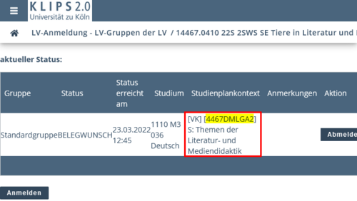 View of the page Course Registration – Course Groups of Course. In the Curriculum Context column, the selected context is highlighted. In addition, the identification code of the course is also highlighted.